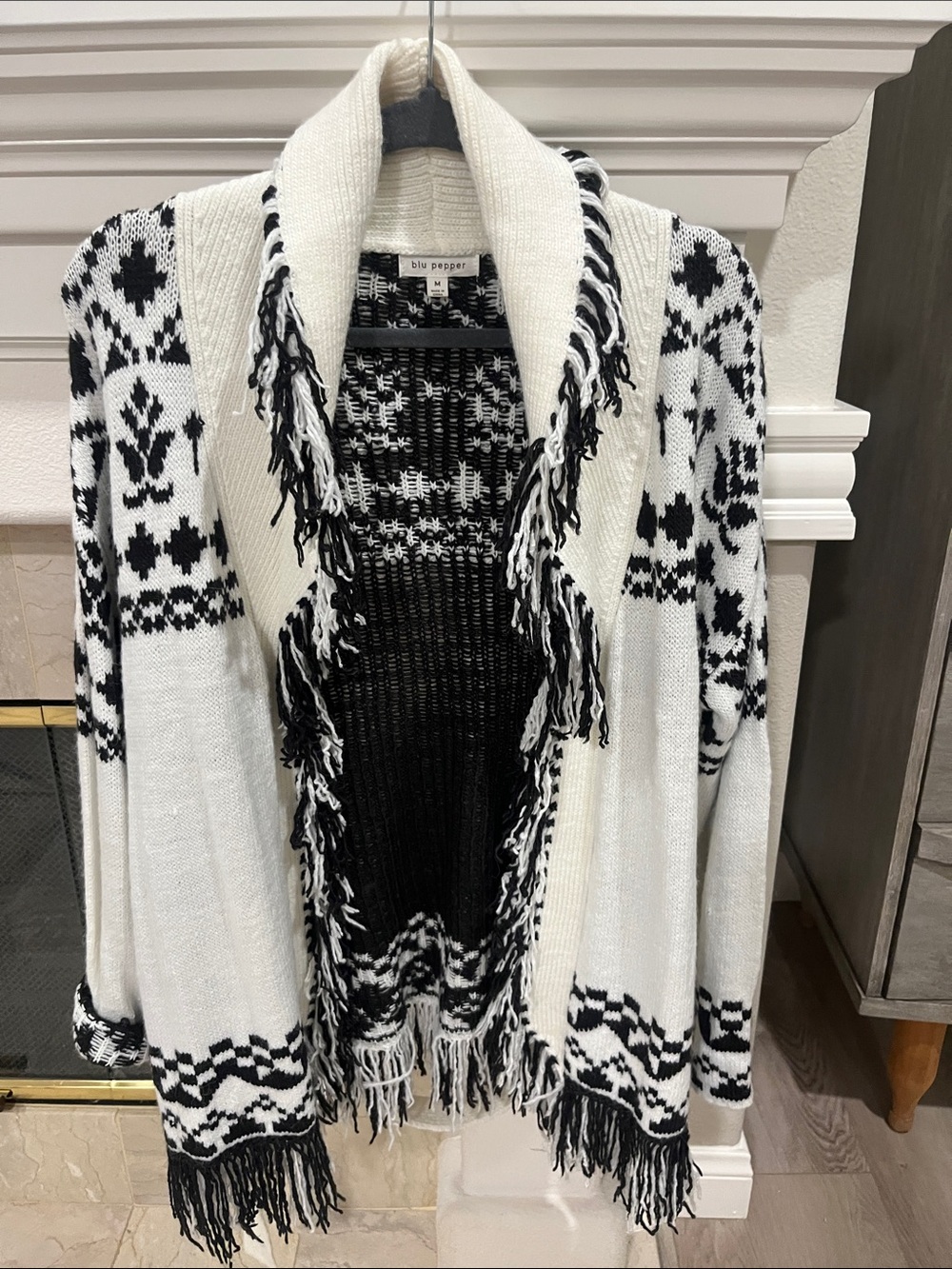Blu Pepper Black & White Nordic Fringe Open-Front Cardigan